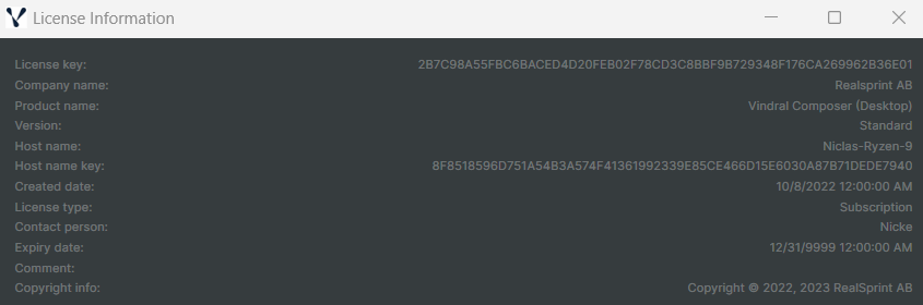 Composer licence-information dialog