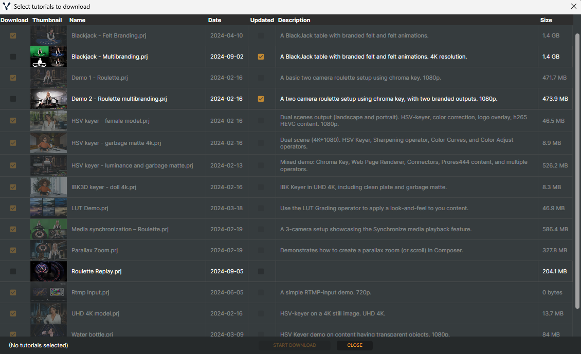Tutorial overview window listing the downloaded tutorial projects