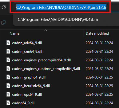 cuDNN install folder showing the bin/ subfolder