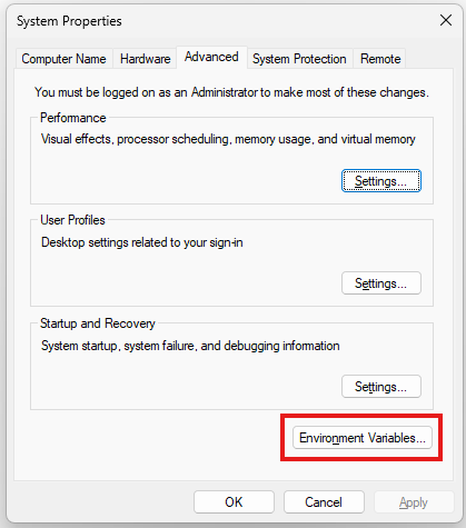Environment Variables dialog