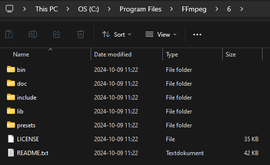 FFmpeg installation directory contents