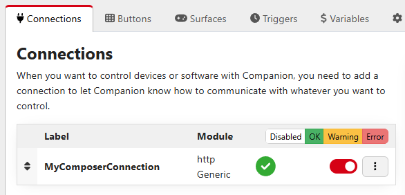 Connection active in the Connections list