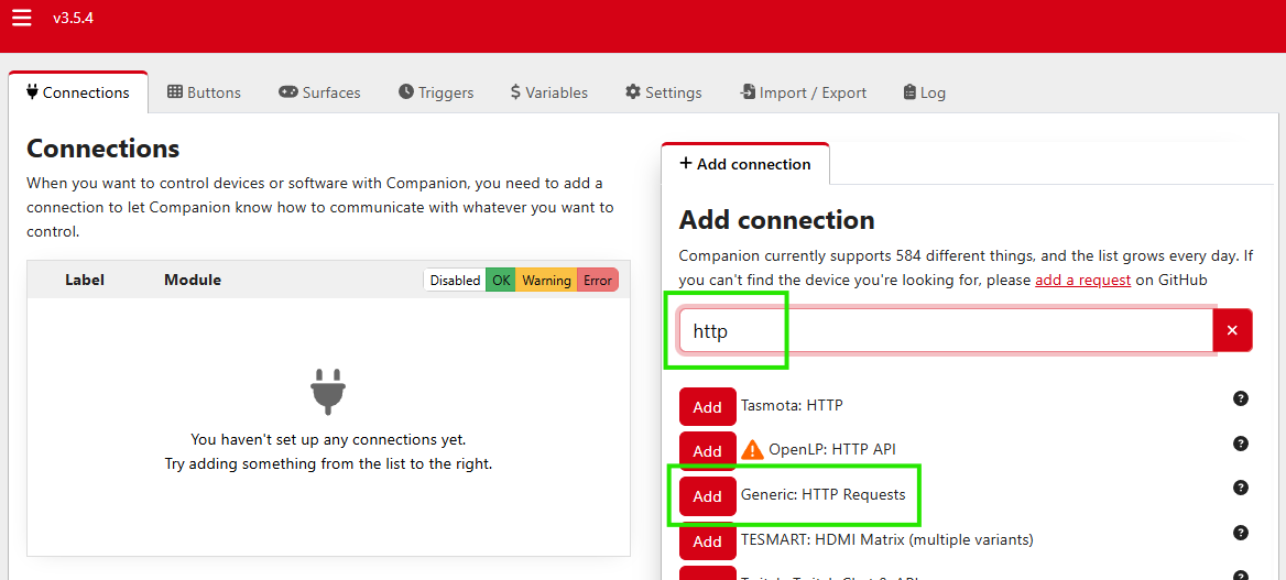 Companion Connections tab with Generic HTTP Requests