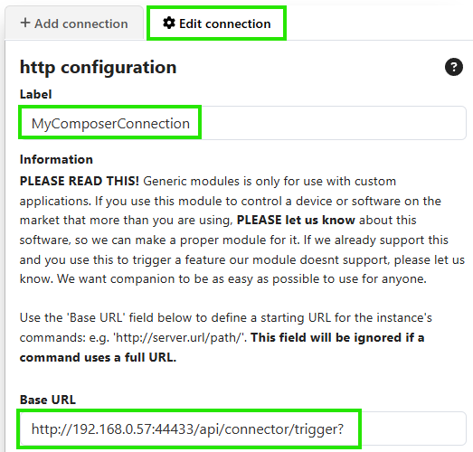 Edit Connection form with Base URL set