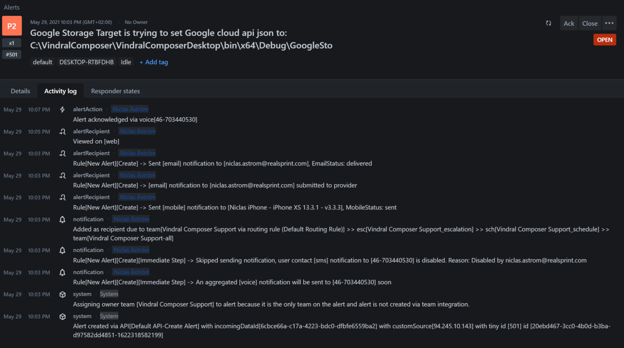 OpsGenie alert activity log