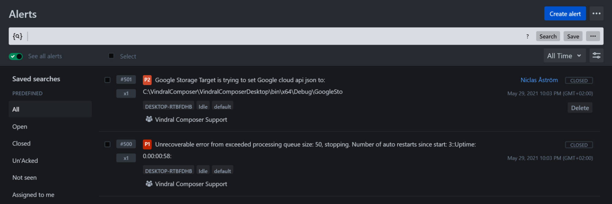 OpsGenie alerts list with Composer alerts