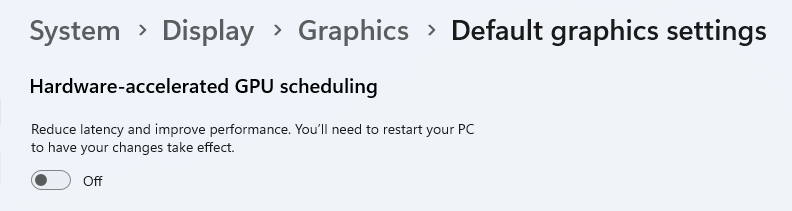 Windows 11 Graphics Settings — Hardware-accelerated GPU scheduling toggle