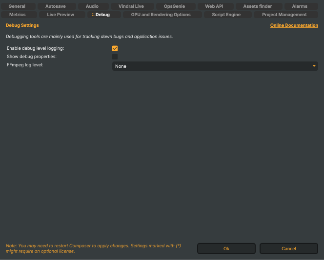 Settings window — Debug tab