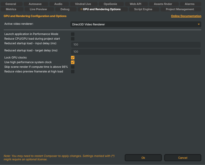 Settings window — GPU and Rendering Options tab