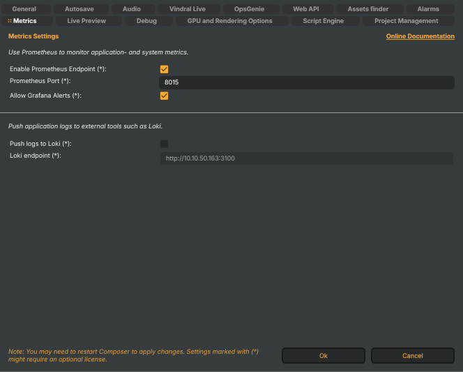 Settings window — Metrics tab