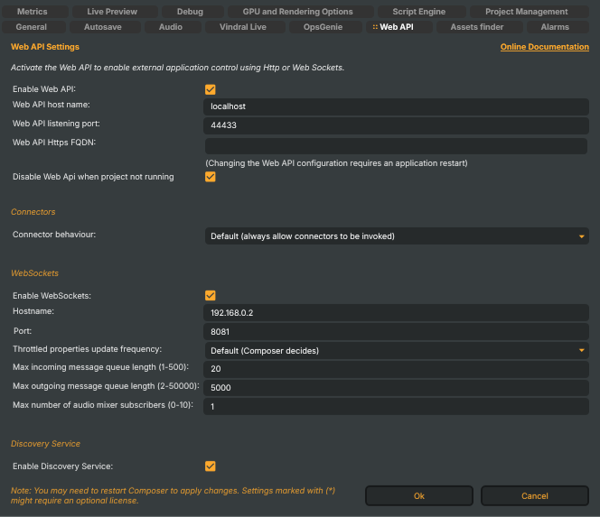 Settings window — Web API tab