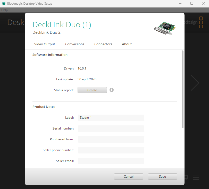 Desktop Video Setup, About tab, with the label Studio-1 entered for the first connector of a DeckLink Duo 2