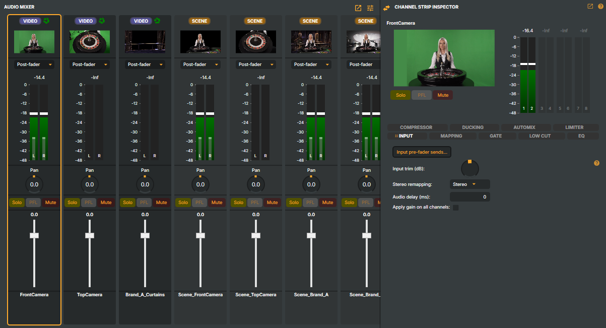 Composer's Audio mixer with one channel strip per audio-capable input
