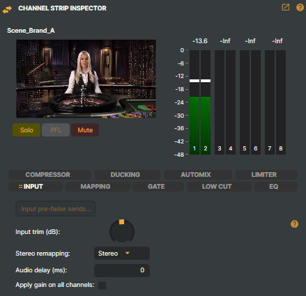 The Channel Strip Inspector docked next to the audio mixer