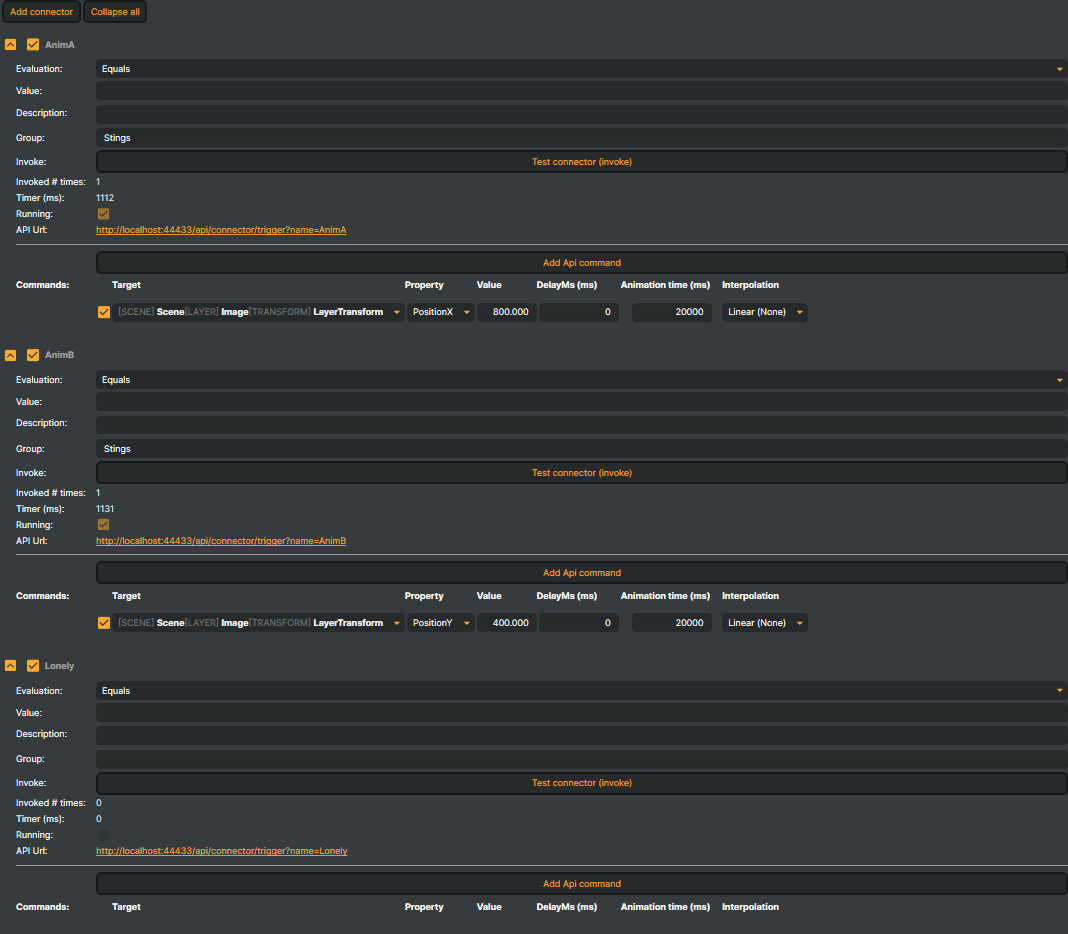 The Connectors tab with two Connectors sharing the Group "Stings" and a third left ungrouped