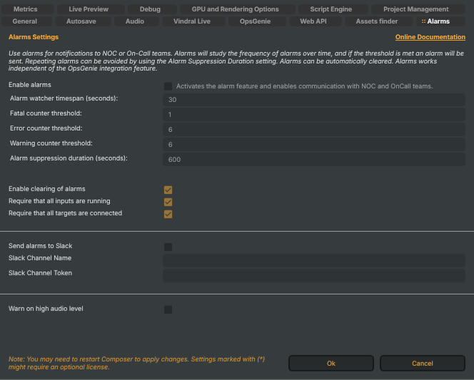 Settings window — Alarms tab