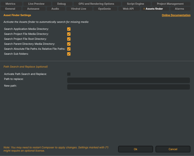 Settings window — Assets finder tab
