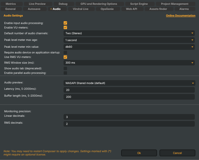 Settings window — Audio tab