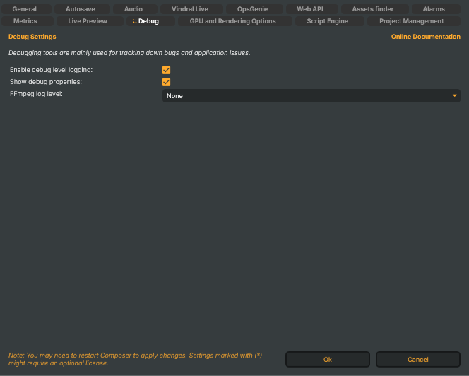 Settings window — Debug tab