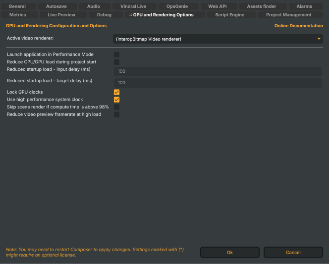 Settings window — GPU and Rendering Options tab