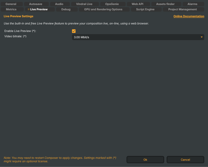 Settings window — Live Preview tab