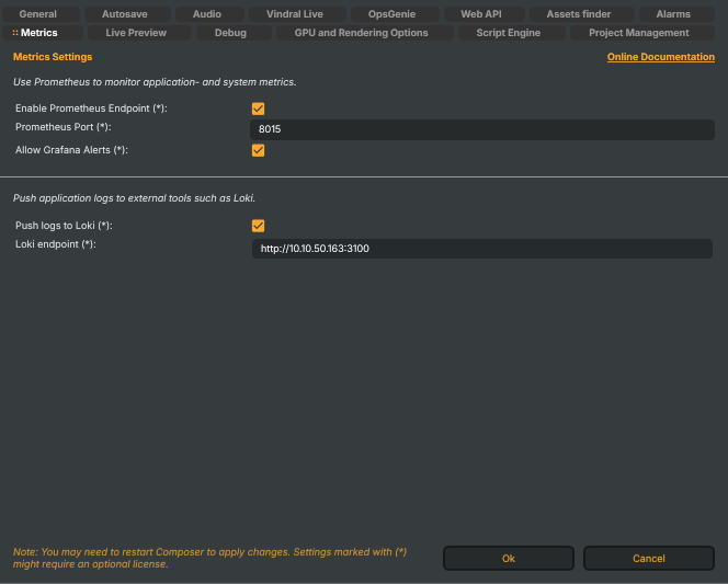 Settings window — Metrics tab