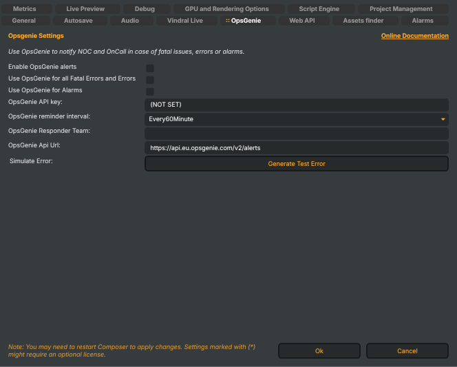 Settings window — OpsGenie tab