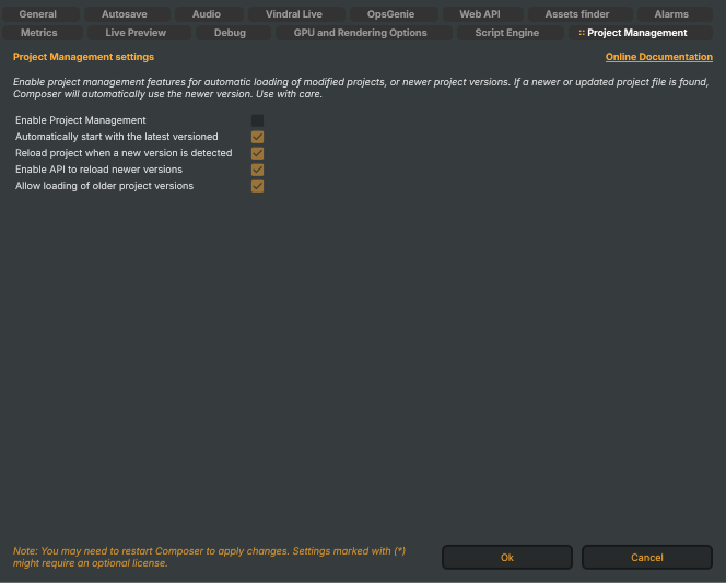 Settings window — Project Management tab