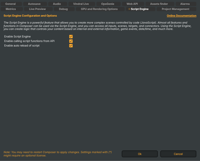 Settings window — Script Engine tab