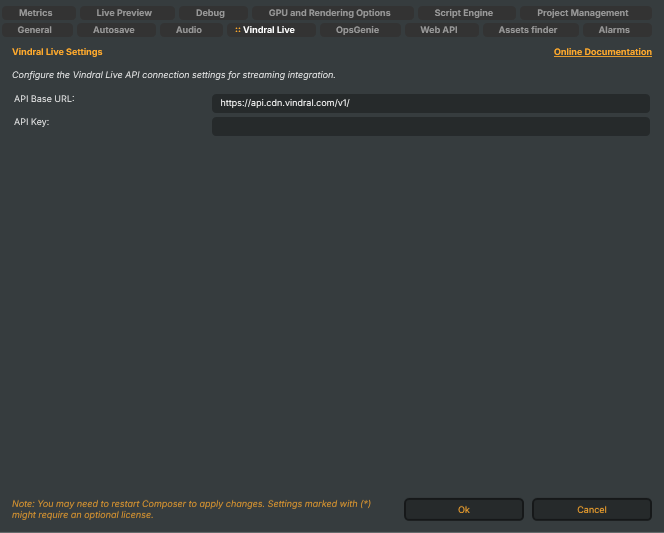 Settings window — Vindral Live tab