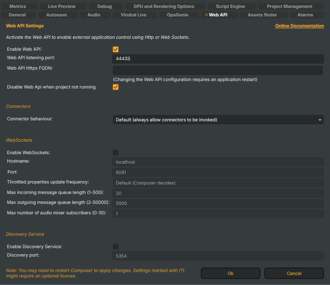 Settings window — Web API tab