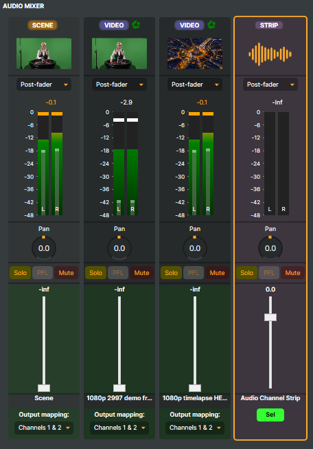 An Audio Channel Strip in the mixer, labelled "STRIP" with the orange waveform icon