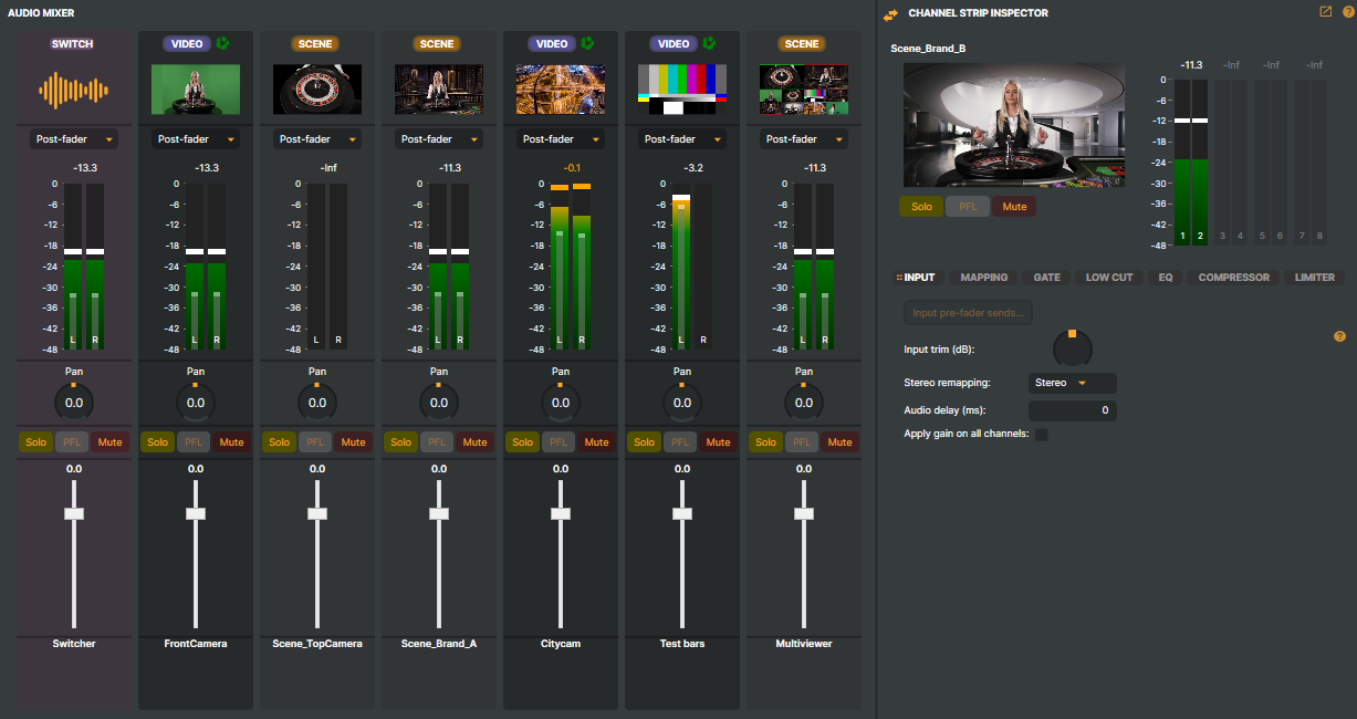 Composer's Audio mixer with one channel strip per audio-capable input