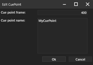 Cue point naming dialog with frame and name fields