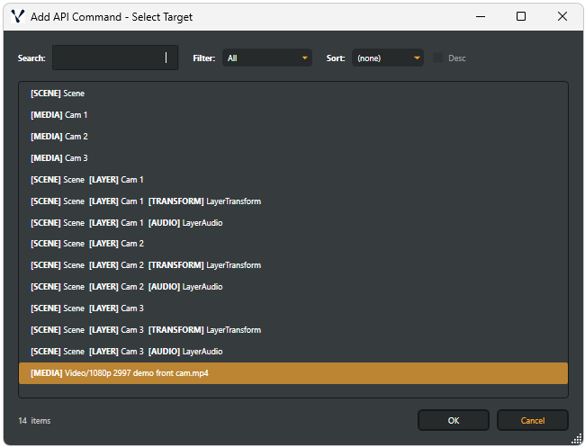 API Command window — search, filter, sort