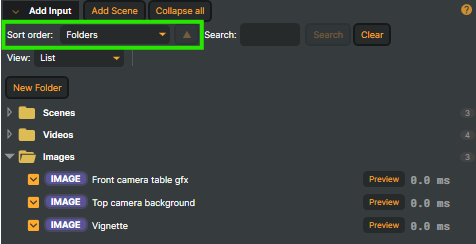Inputs panel in Folders mode