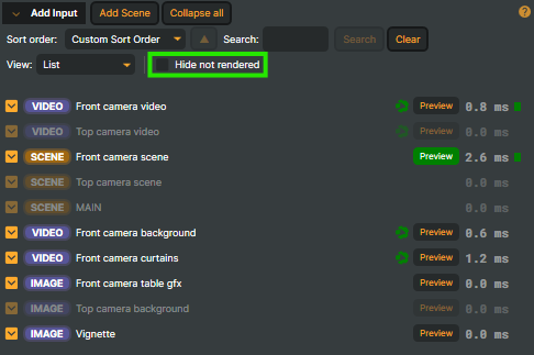 The "Show only rendered inputs" toggle