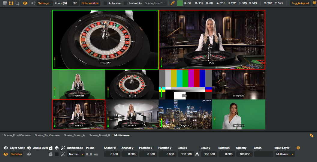 A Multiviewer rendering several inputs and scenes in a grid