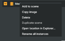 Scene-tab context menu showing rename / duplicate / delete actions